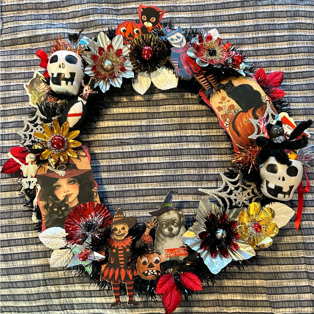 Vintage Repurposed Halloween Festive Holiday Wreath - Picture 2 of 12